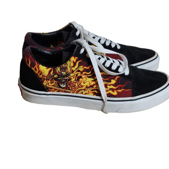 Van's Samurai Rising Old Skool Suede Canvas Black Red Yellow Flames Sneaker - Picture 7 of 15